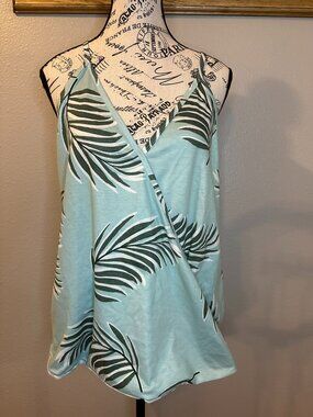 Women’s Tropical Palm Leaf Tank Top Light Blue Flowy Cami Size XL